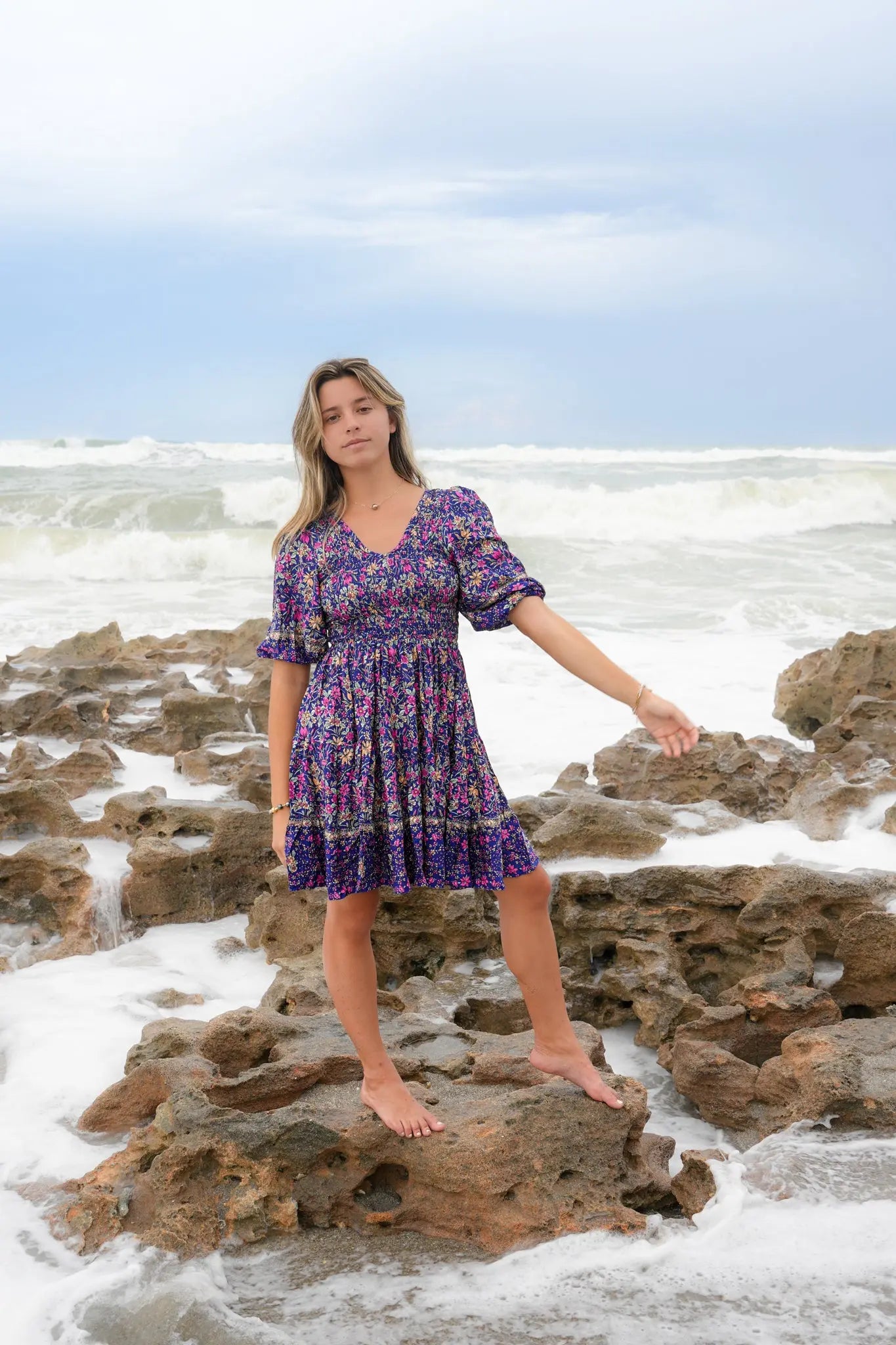 chloe mini dress Smocked in Navy Iris The wrap skirt design Size:18 36 white dress short Alice Style-Color-Dim:AP1E212297_AB411_M