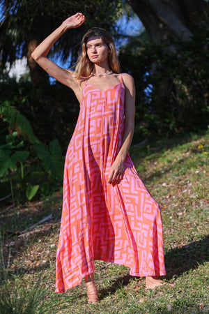 Reef Road Strappy Maxi Dress in Coral Geo
