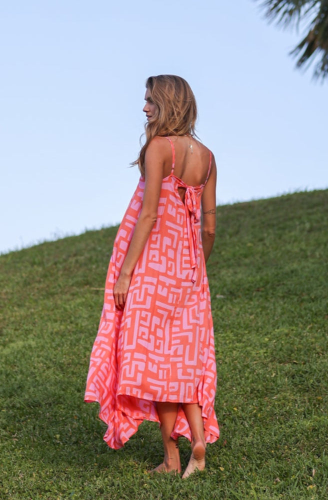 Reef Road Strappy Maxi Dress in Coral Geo