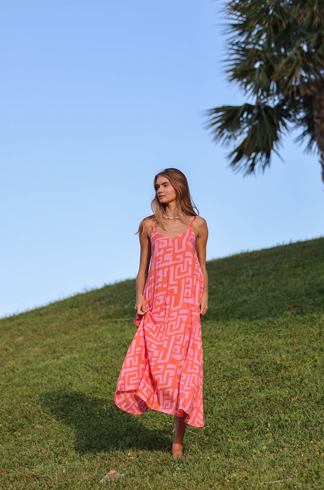Reef Road Strappy Maxi Dress in Coral Geo