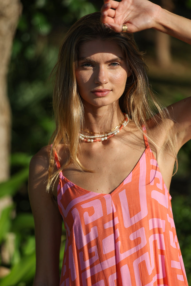 Reef Road Strappy Maxi Dress in Coral Geo