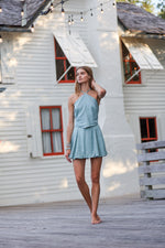 Bubble Mini Skirt in Bleached Aqua Linen