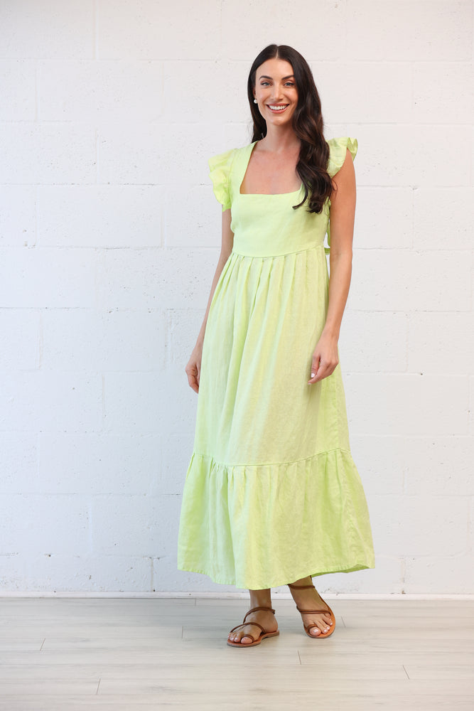 Tippi Tie-Back Linen Dress in Lime