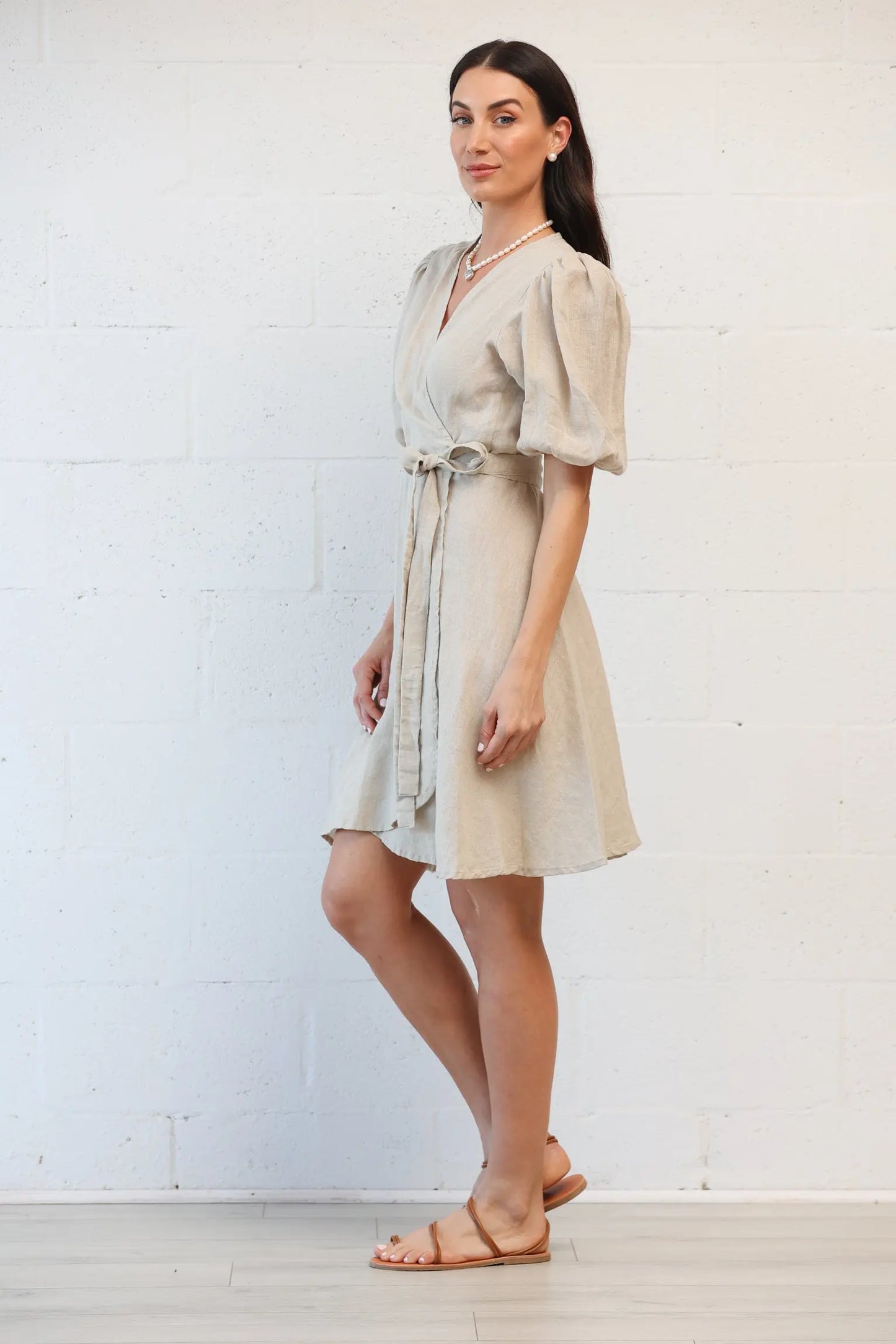 short linen wrap dress Diana Short Wrap Dress in Natural Linen