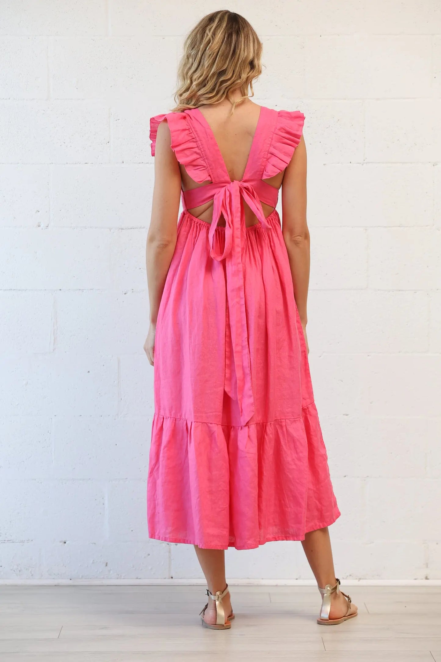 Tippi Tie-Back Linen Dress in Fuchsia