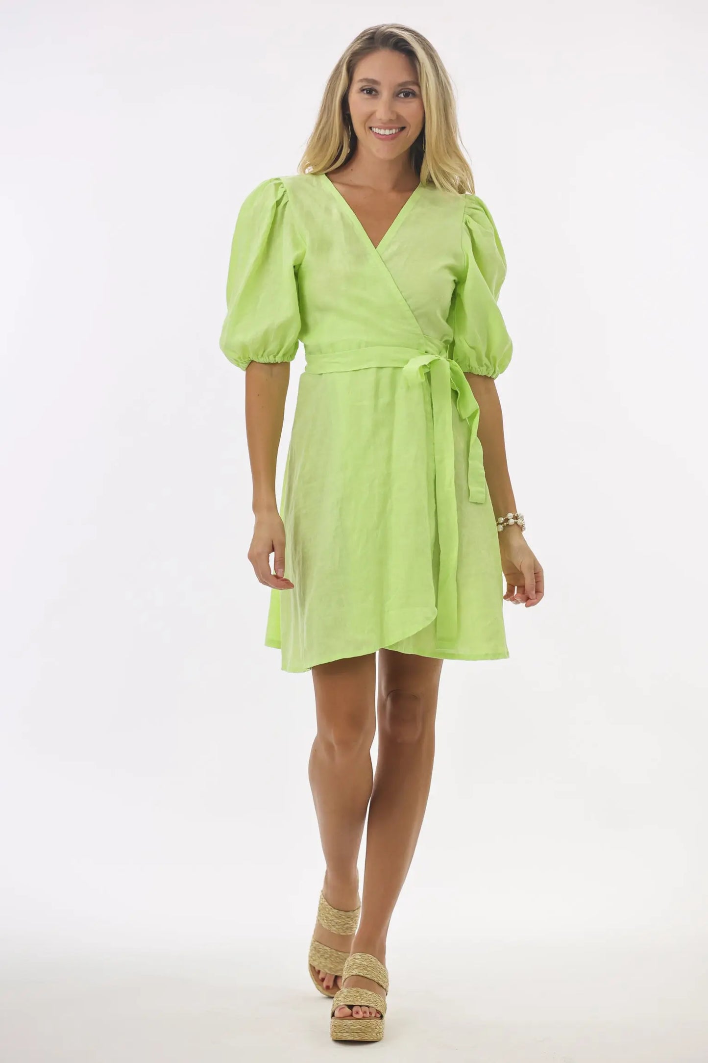 Diana Short Wrap Dress in Lime Linen - Sea Lustre XS Diana Short Wrap Dress in Lime Linen - Sea Lustre XS