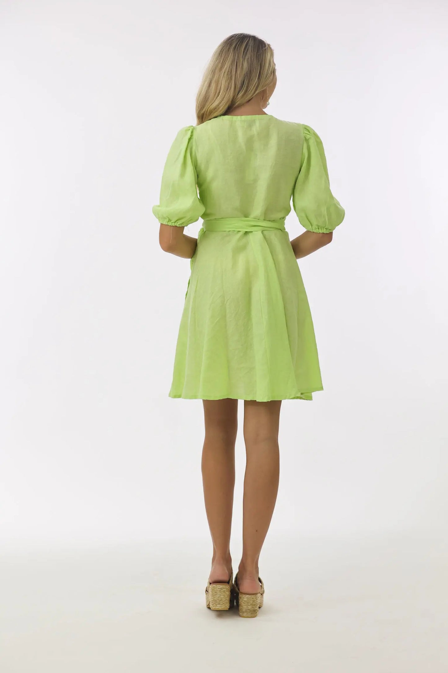Diana Short Wrap Dress in Lime Linen - Sea Lustre S/M Diana Short Wrap Dress in Lime Linen - Sea Lustre S/M