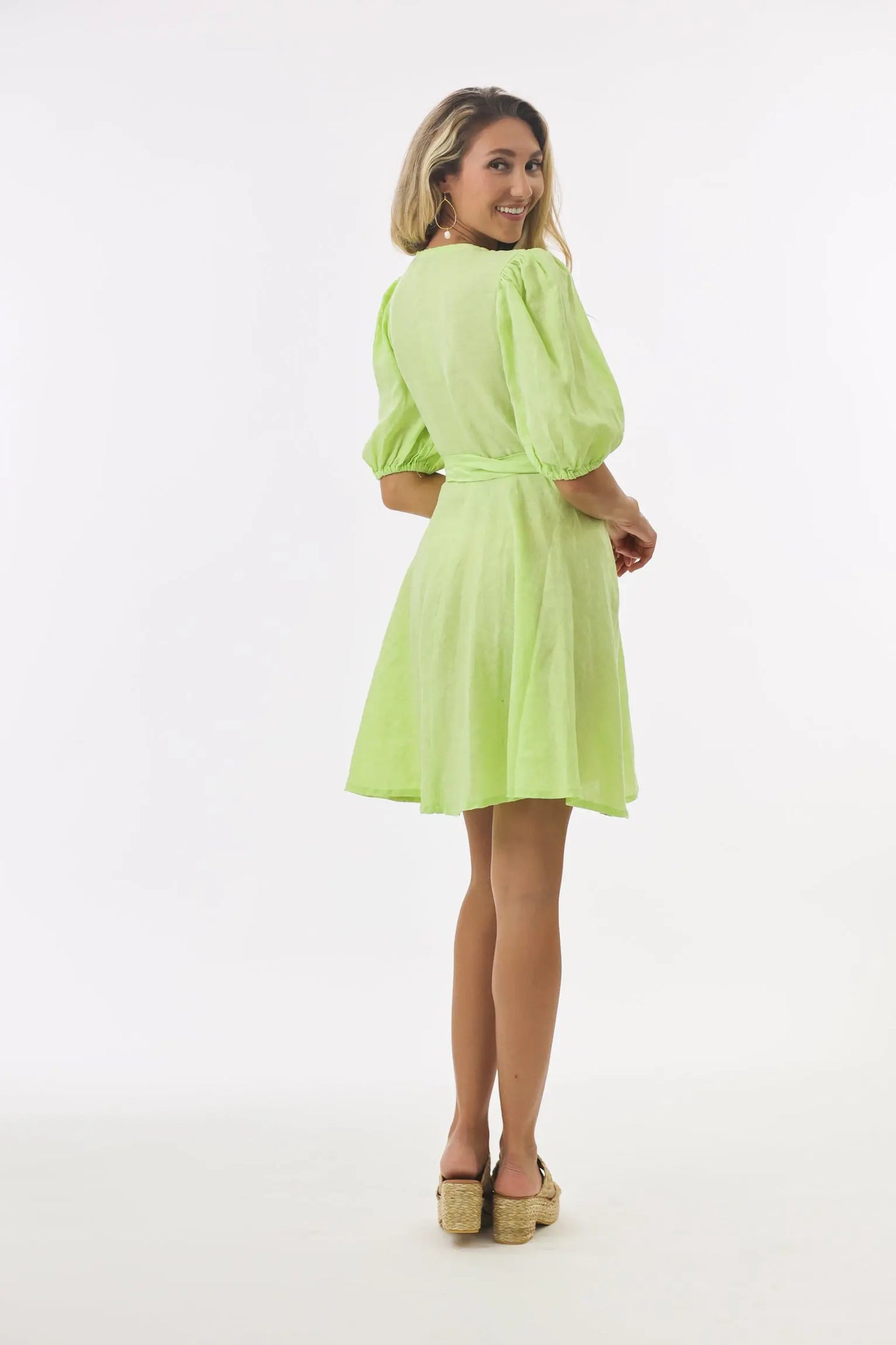 Diana Short Wrap Dress in Lime Linen S/M Diana Short Wrap Dress in Lime Linen S/M