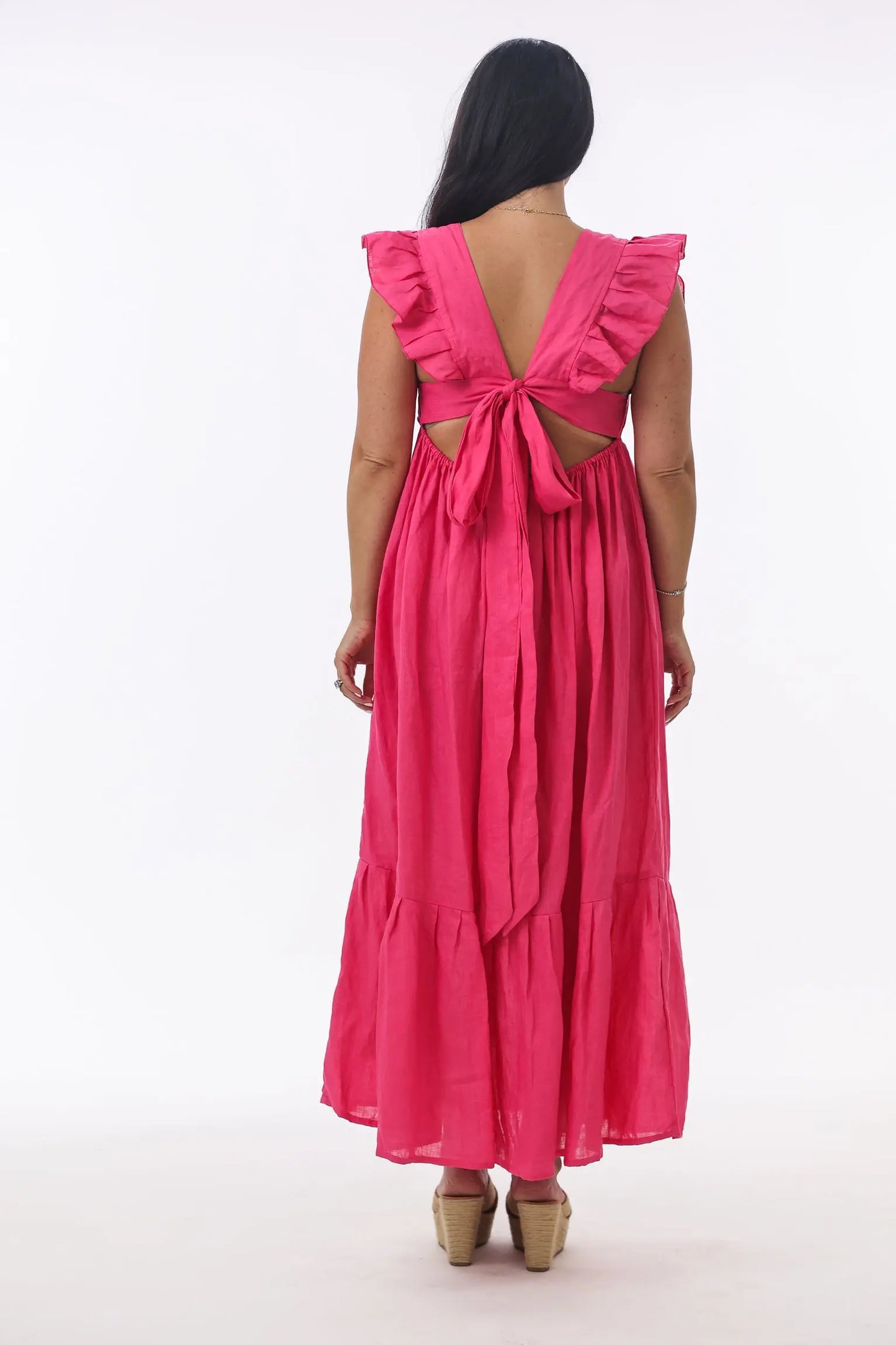 Tippi Tie-Back Linen Dress in Fuchsia - Sea Lustre S/M Tippi Tie-Back Linen Dress in Fuchsia - Sea Lustre S/M