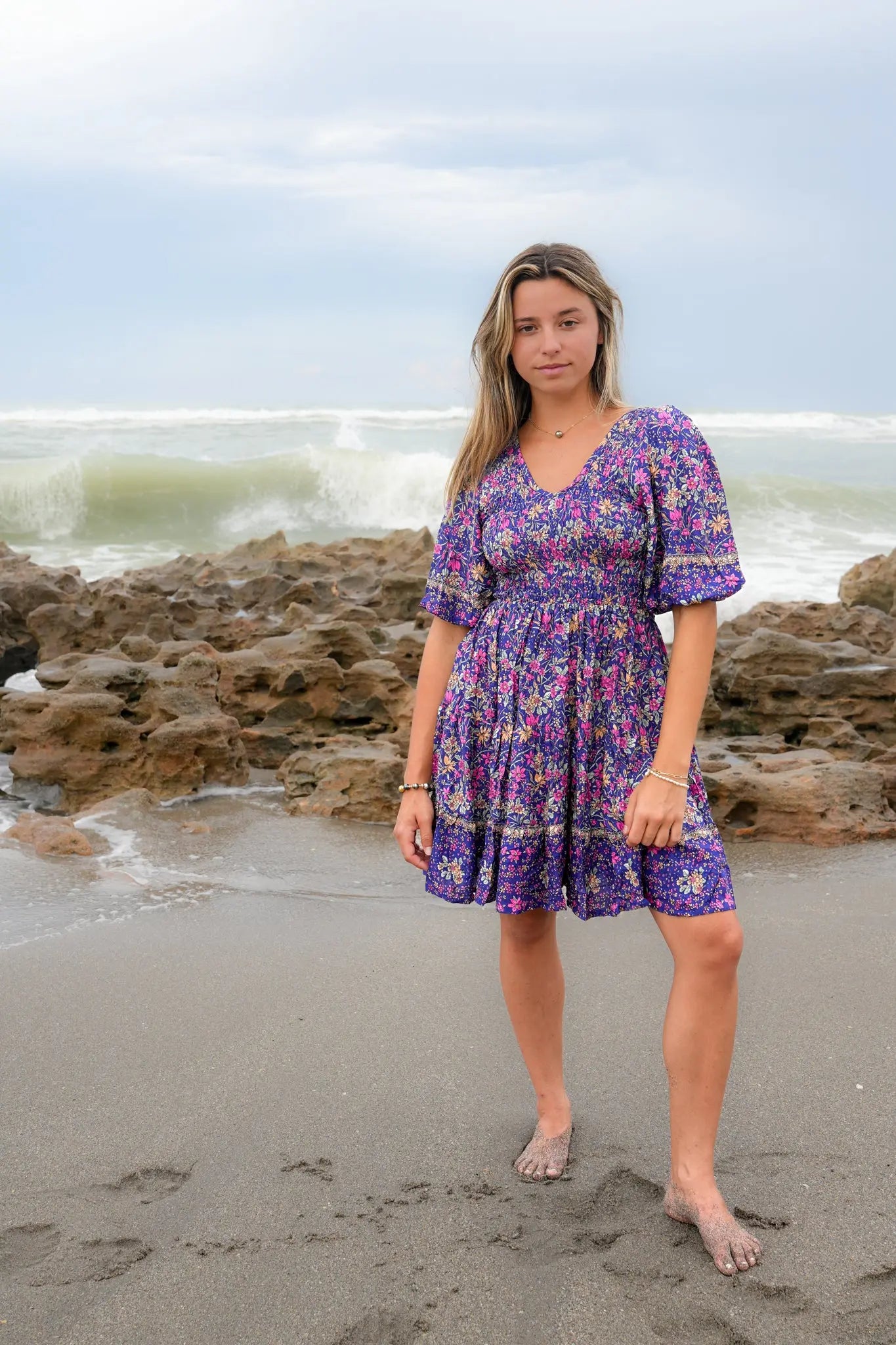 Chloe Smocked Mini Dress in Navy Iris