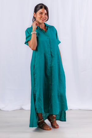 Tula Dress in Jade Linen