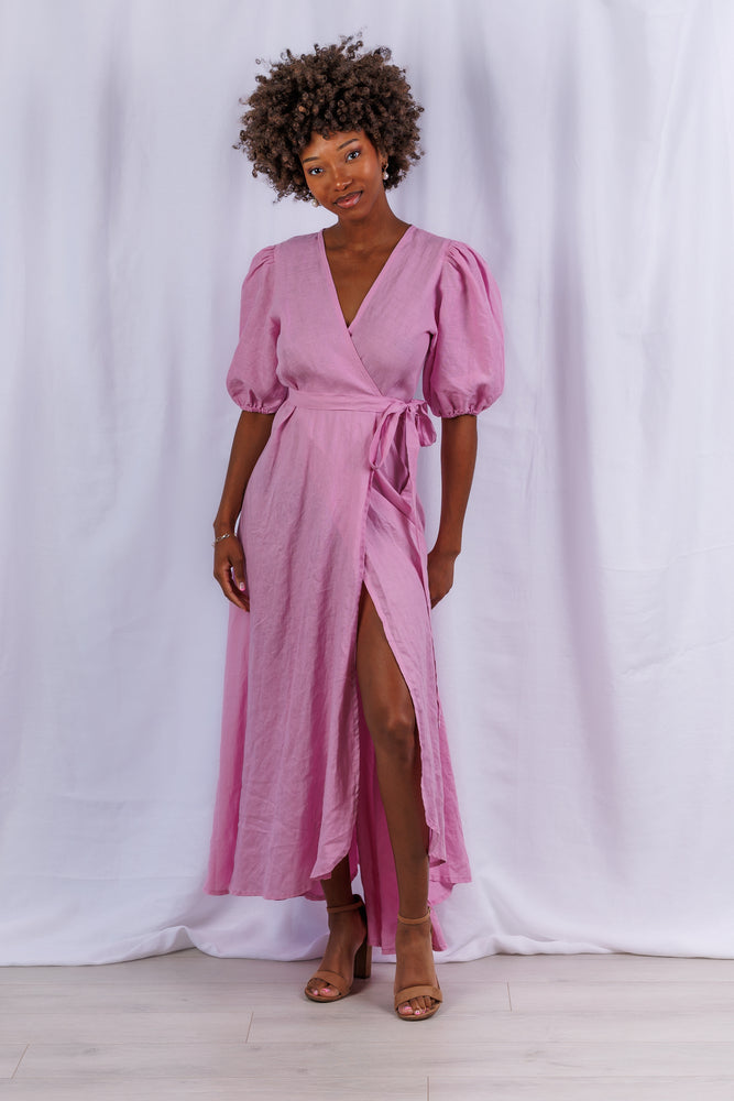 Diana Maxi Wrap Dress in Violet Linen