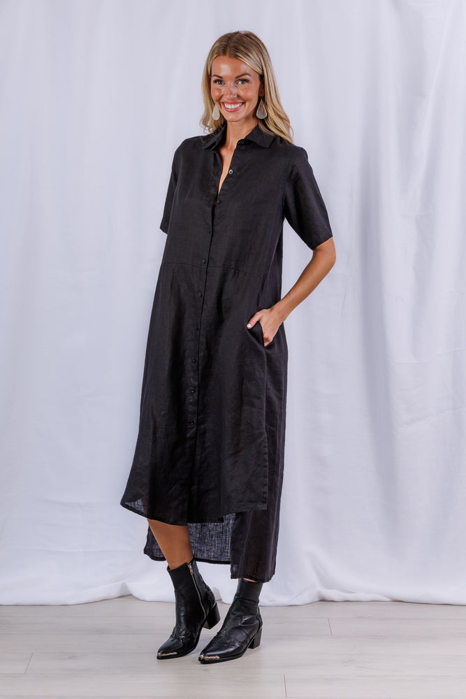 Tula Dress in Black Linen