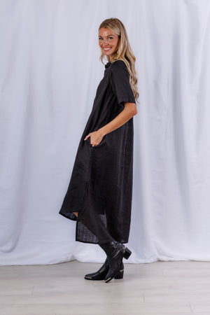 Tula Dress in Black Linen