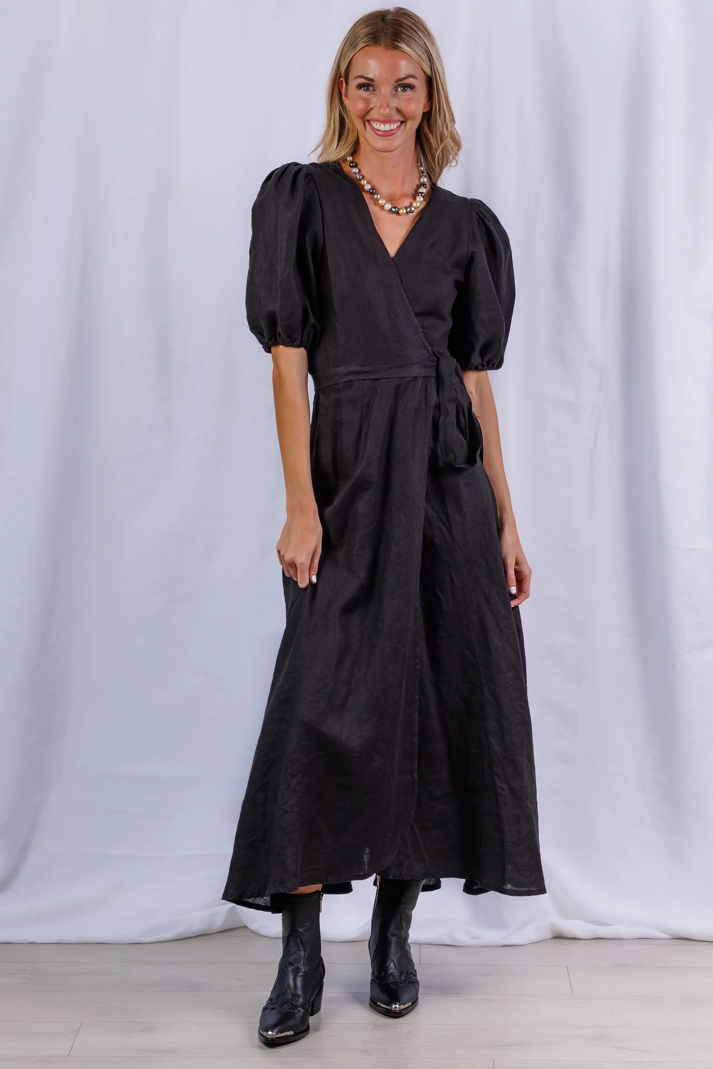 Diana Maxi Wrap Dress in Black Linen - Sea Lustre M/L Diana Maxi Wrap Dress in Black Linen - Sea Lustre M/L