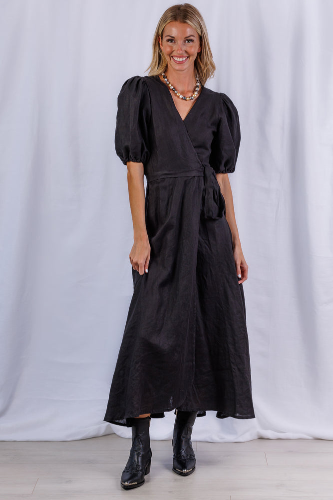 Diana Maxi Wrap Dress in Black Linen