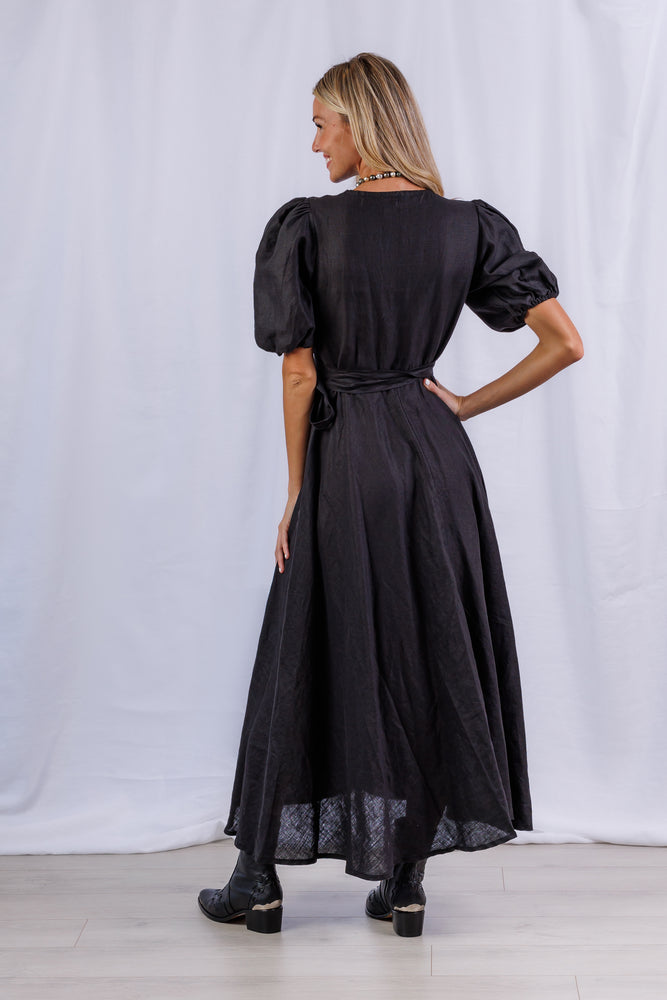 Diana Maxi Wrap Dress in Black Linen