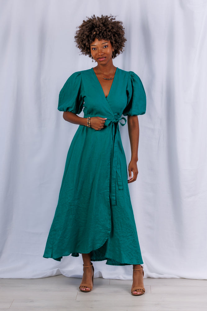 Diana Maxi Wrap Dress in Jade Linen