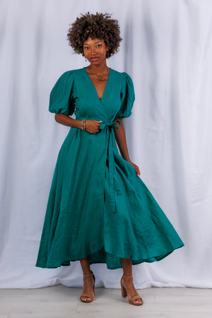 Diana Maxi Wrap Dress in Jade Linen