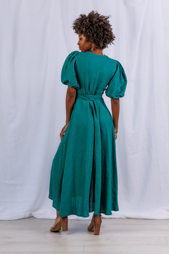 Diana Maxi Wrap Dress in Jade Linen