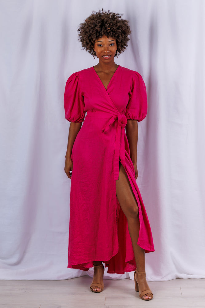 Diana Maxi Wrap Dress in Berry Linen