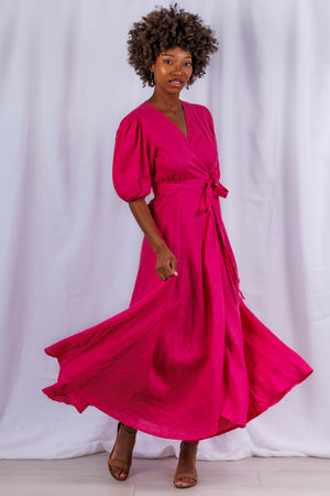 Diana Maxi Wrap Dress in Berry Linen