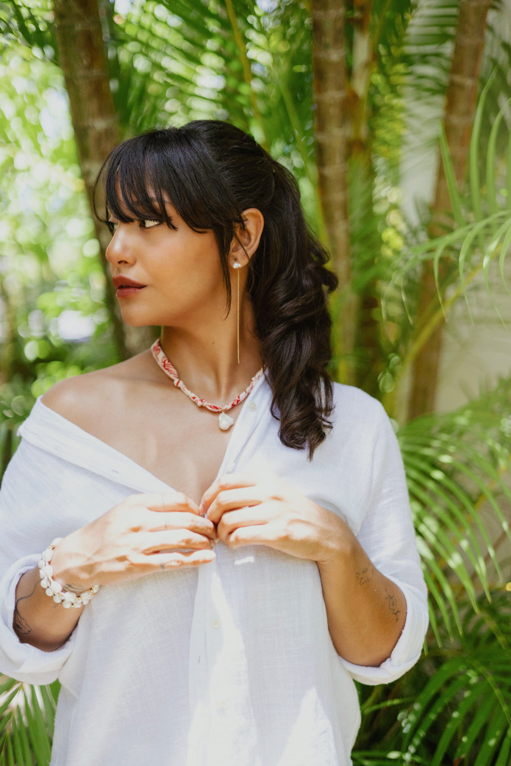 Juno Button Up in White Cotton Sea Lustre Jewelry