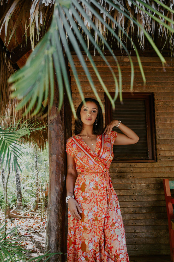 Havana Maxi Wrap Dress in Orange Crush