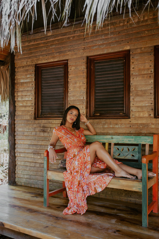 Havana Maxi Wrap Dress in Orange Crush