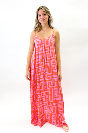 Reef Road Strappy Maxi Dress in Coral Geo