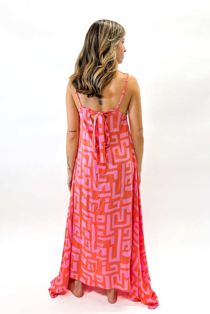 Reef Road Strappy Maxi Dress in Coral Geo