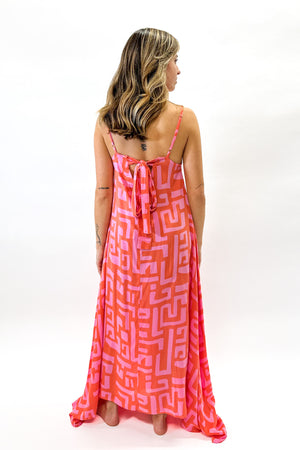 Reef Road Strappy Maxi Dress in Coral Geo