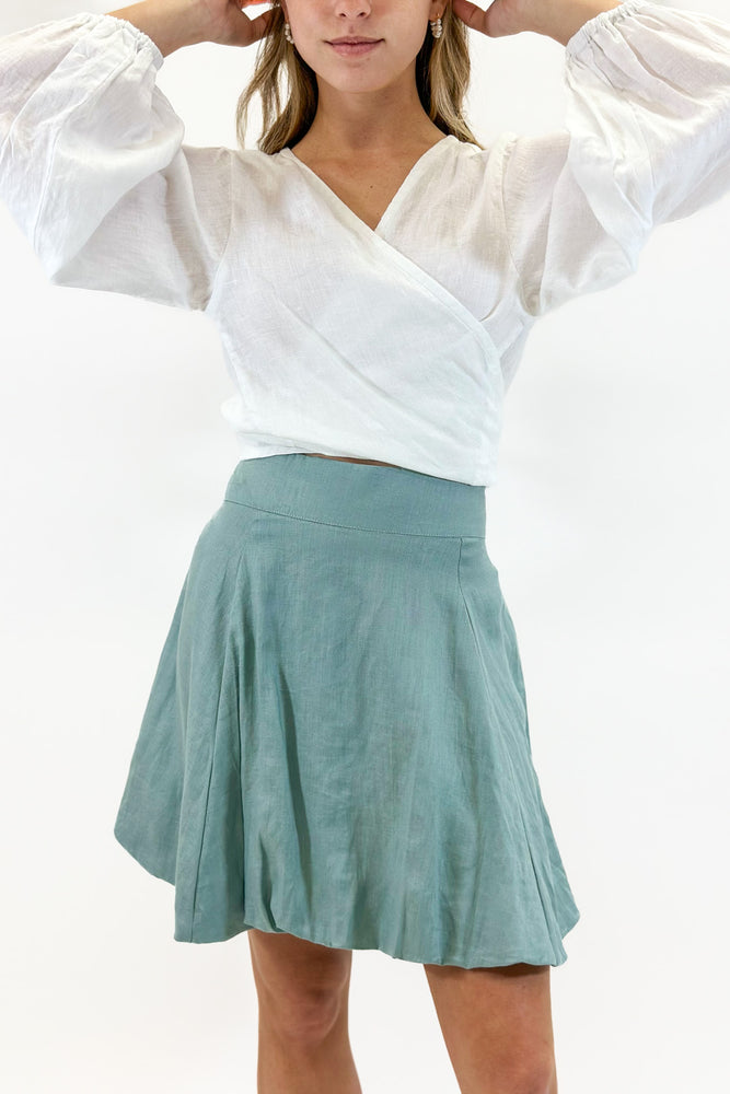 Bubble Mini Skirt in Bleached Aqua Linen
