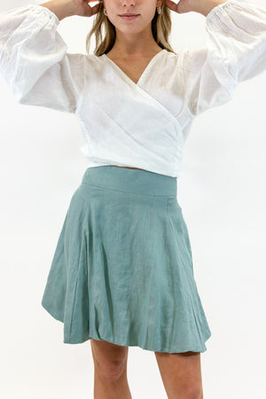 Bubble Mini Skirt in Bleached Aqua Linen