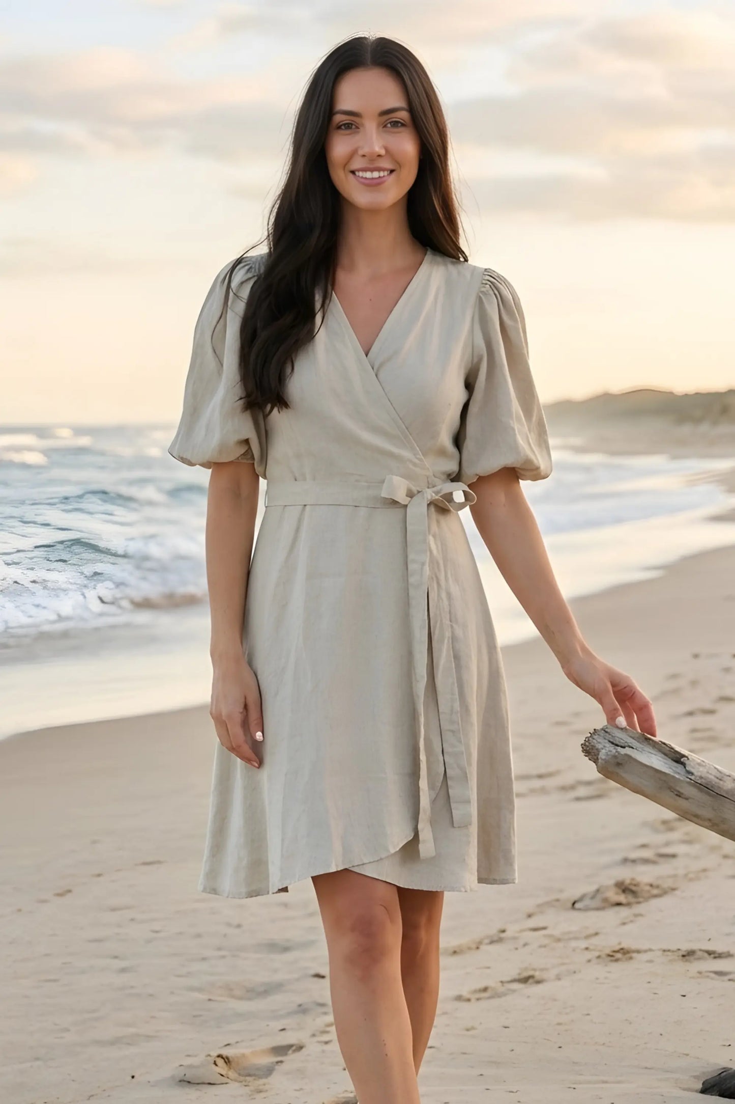 beige linen wrap dress Natural Linen Wrap Dress: Frill Midi Tunic With Pockets, Plus Size