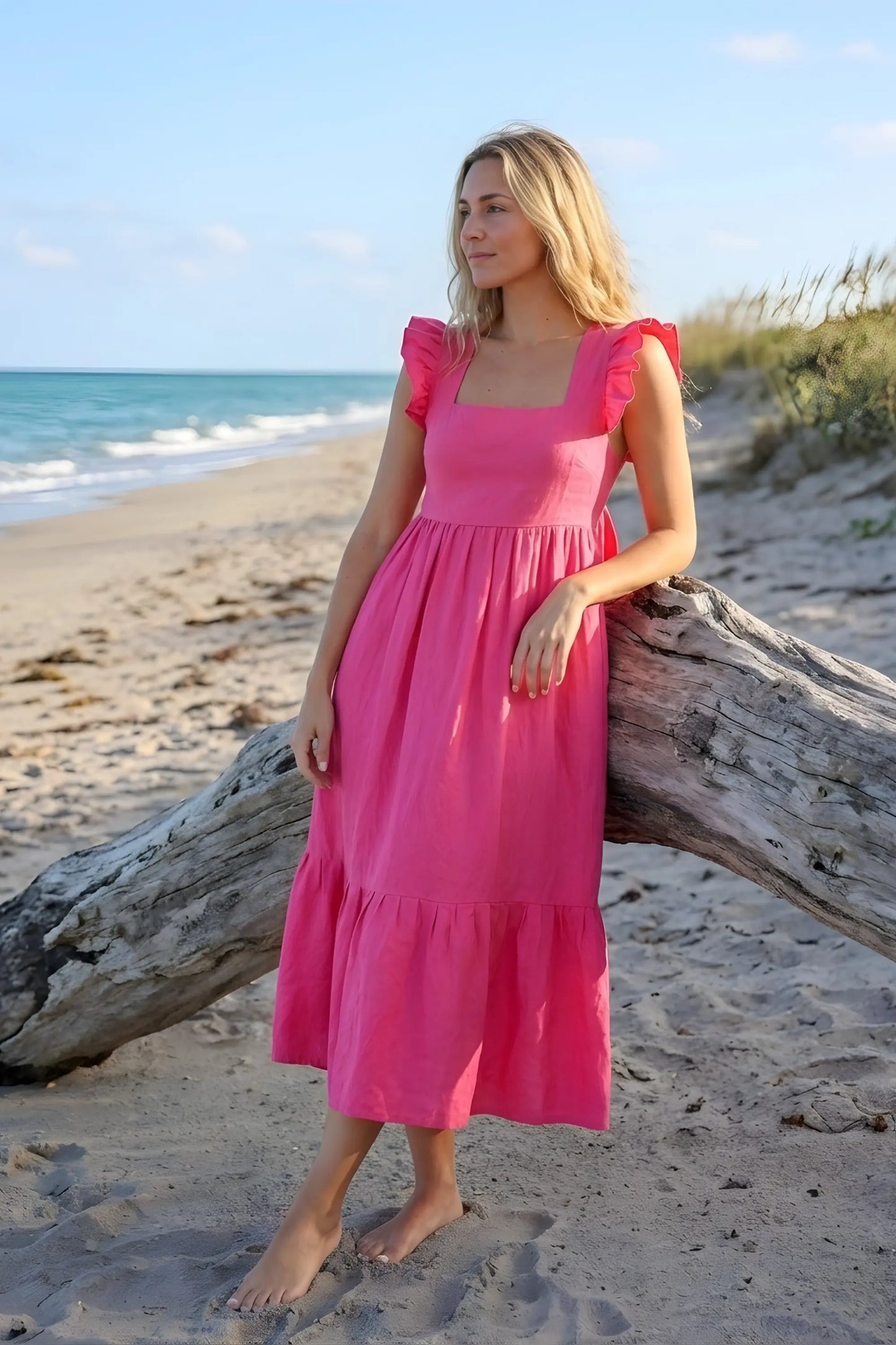 Tippi Tie-Back Linen Dress in Fuchsia - Sea Lustre S/M Tippi Tie-Back Linen Dress in Fuchsia - Sea Lustre S/M
