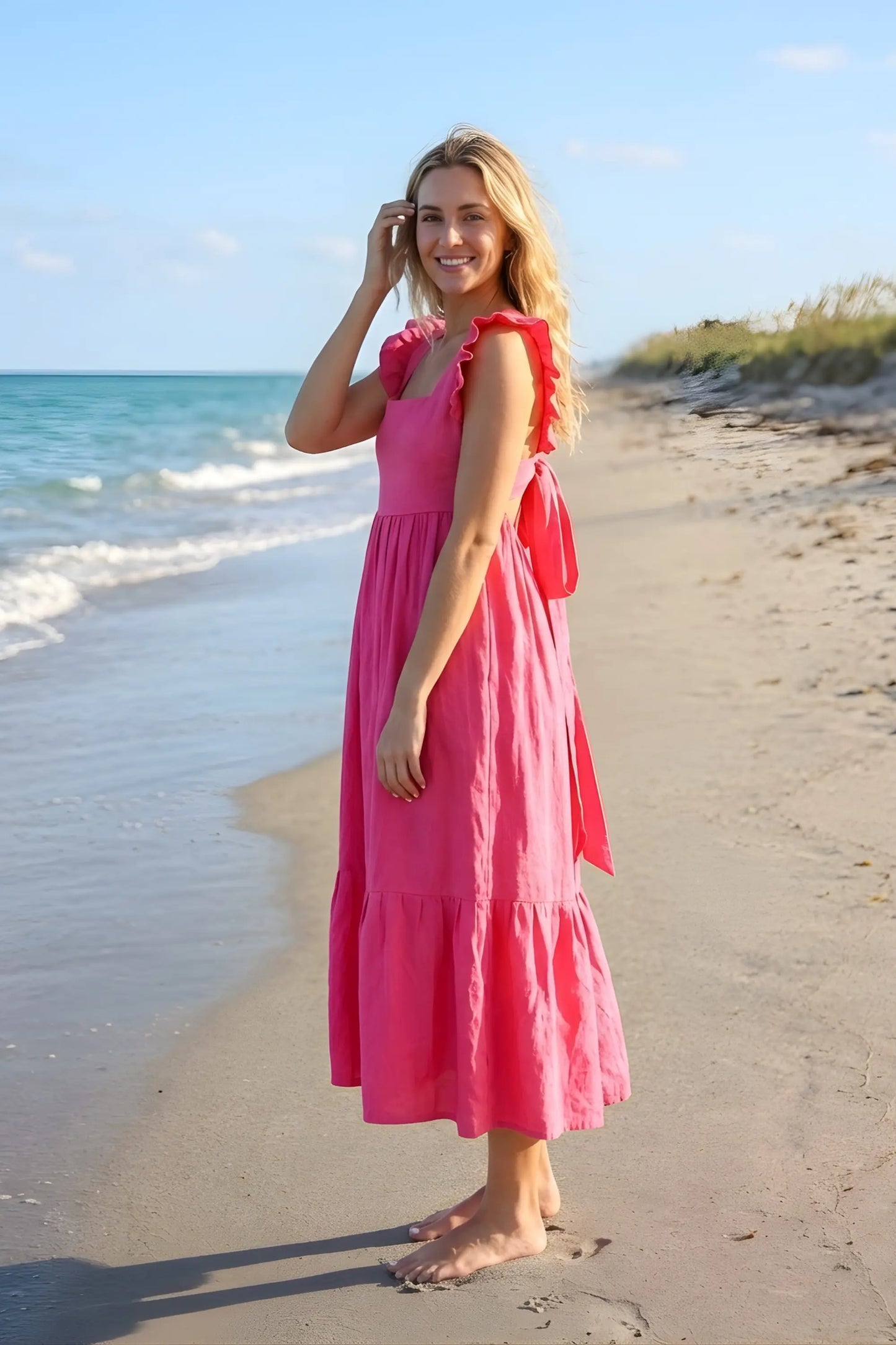 fuchsia beach dress S Fuchsia Pink Deep V Cotton Maxi Dress with Ruffle Sleeves Beach Wear