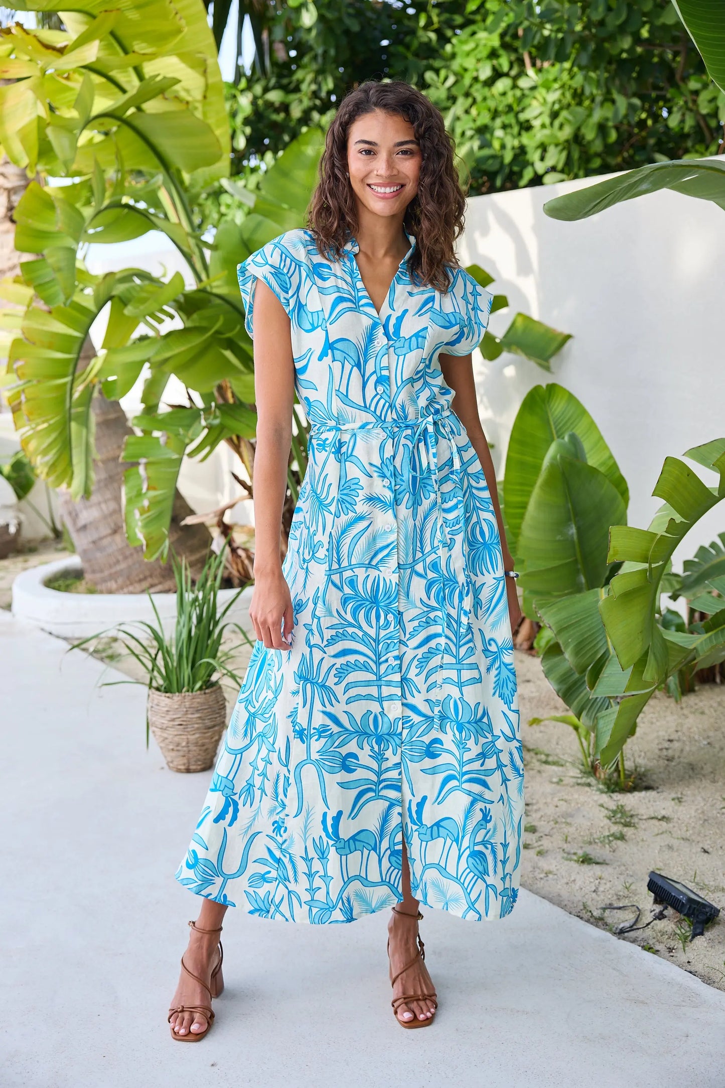 Maris Button Up Dress in Flora Sky Linen