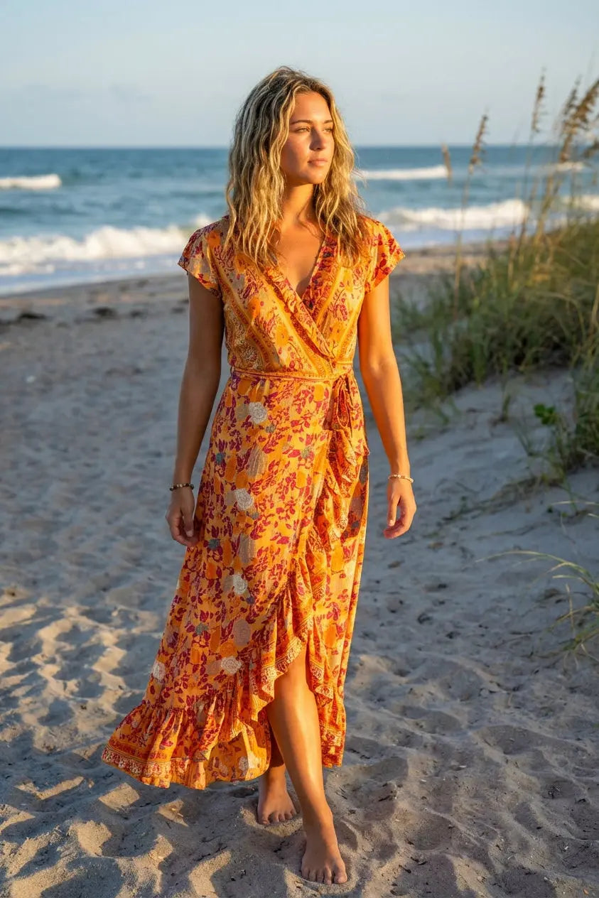 open lace back dress Margot Wrap Maxi Dress - Orange Print main image 1