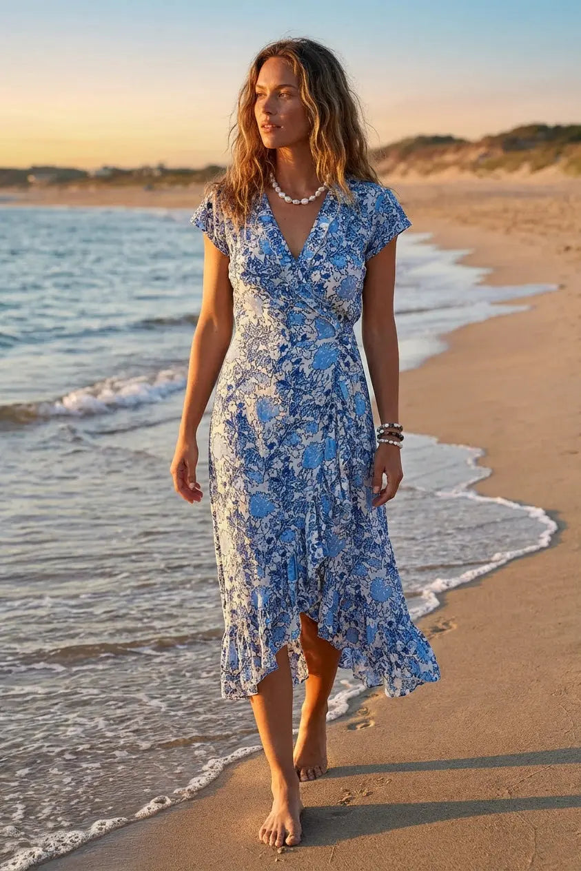 Havana Maxi Wrap Dress in Coastal Blue - Sea Lustre S/M Havana Maxi Wrap Dress in Coastal Blue - Sea Lustre S/M