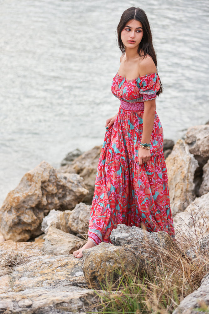 Sydney Off the Shoulder Maxi Dress in Taro Palm