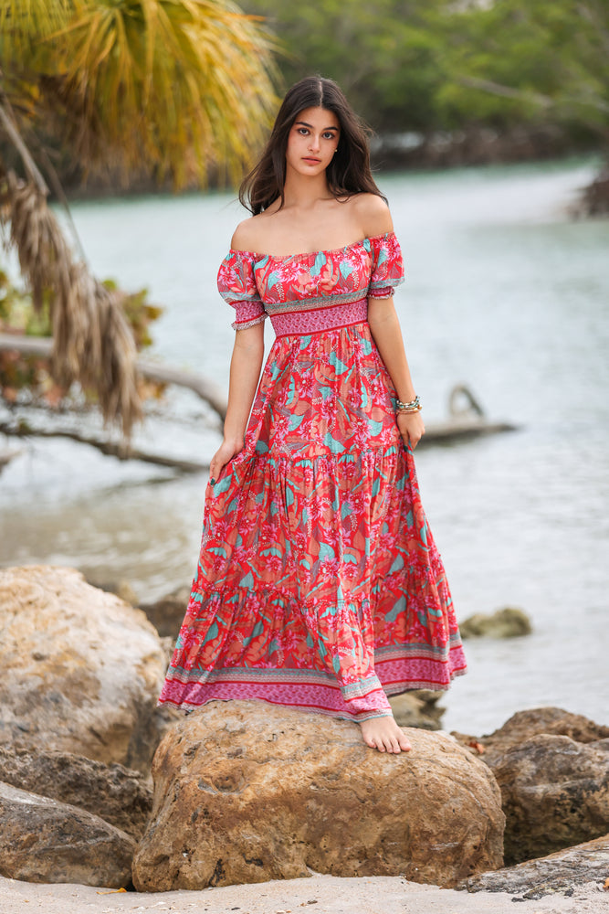 Sydney Off the Shoulder Maxi Dress in Taro Palm