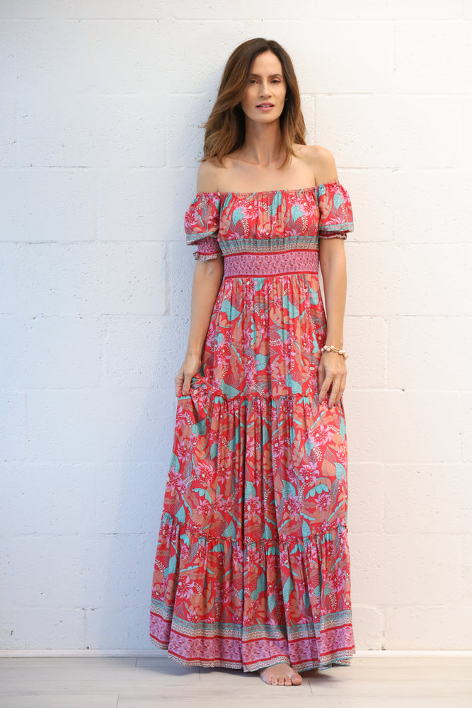 Sydney Off the Shoulder Maxi Dress in Taro Palm