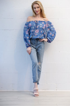 Cali Off the Shoulder Top in Nikko Blue