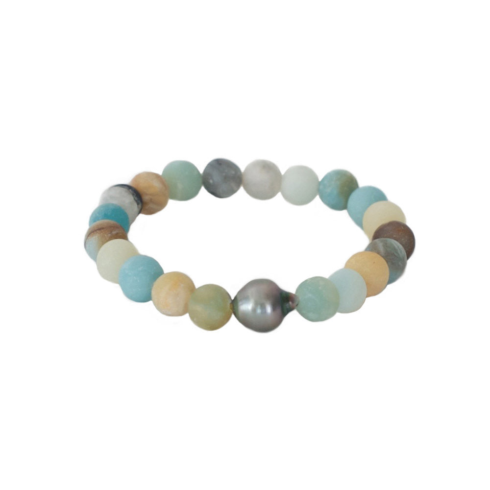 Tahitian Pearl + Matte Amazonite Stretch Bracelet -- Sea Lustre Jewelry