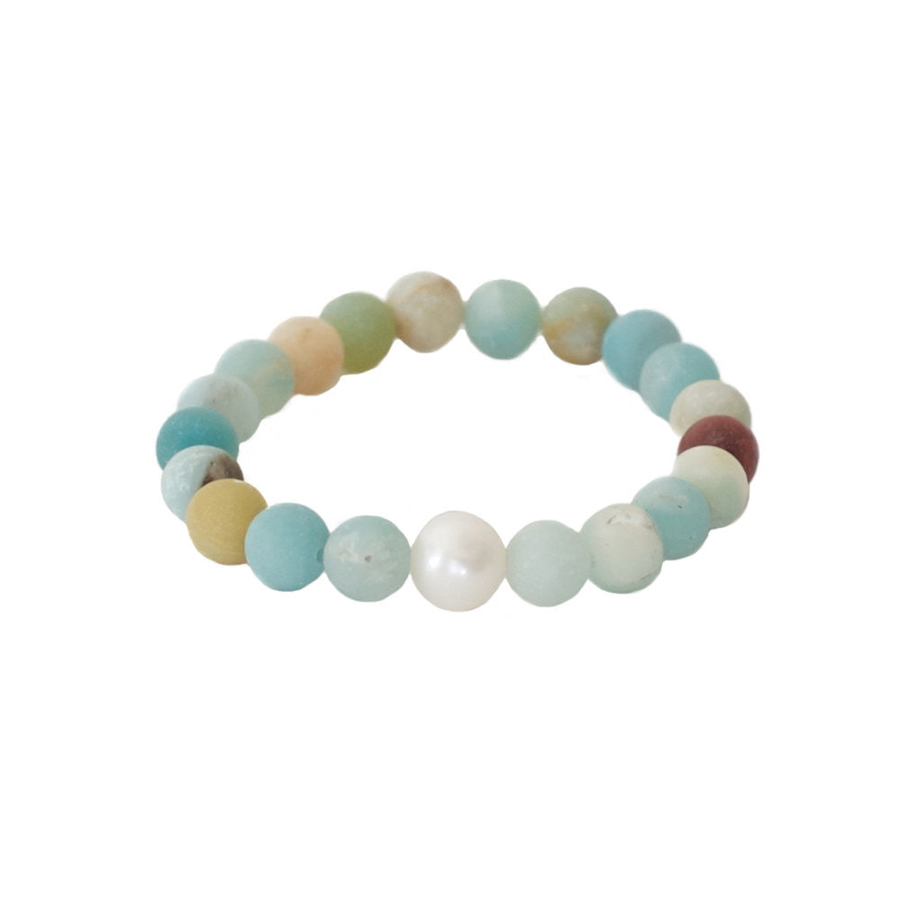 Freshwater Pearl + Matte Amazonite Stretch Bracelet -- Sea Lustre Jewelry