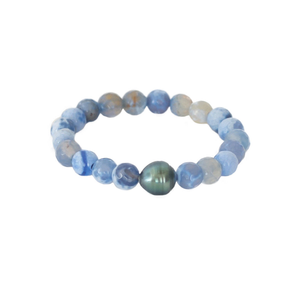 Tahitian Pearl & Blue Fire Agate Stretch Bracelet