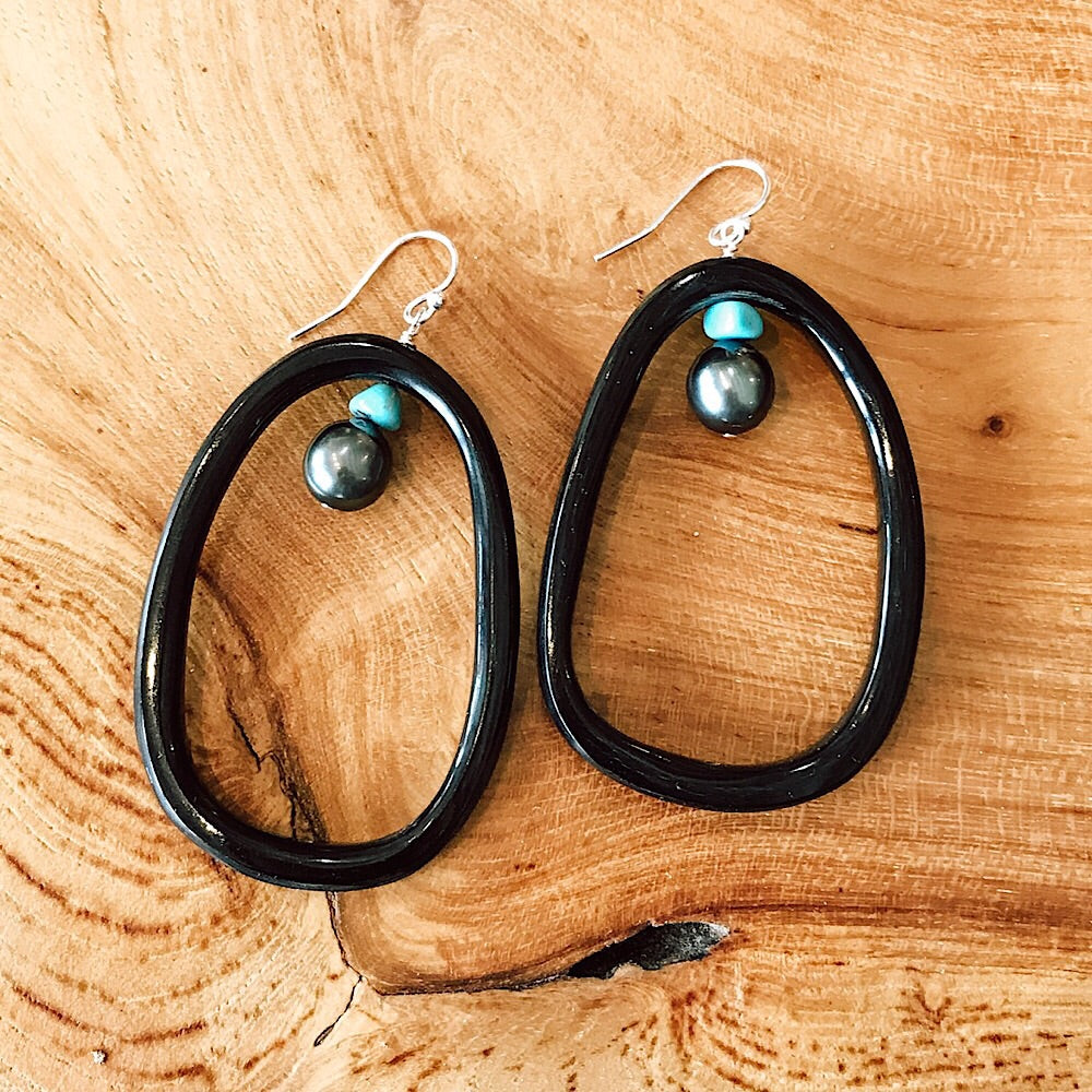Buffalo Horn & Tahitian Pearl Earrings