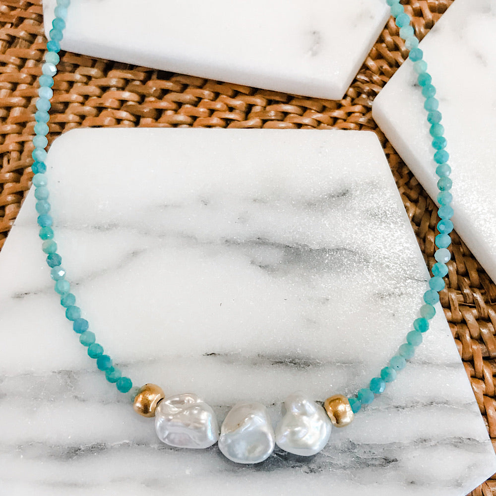 
            
                Load image into Gallery viewer, Keshi Pearl Trio &amp;amp; Amazonite Gemstone Necklace
            
        
