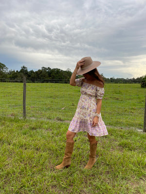 Sydney Off the Shoulder Mini Dress in Lilac Sands